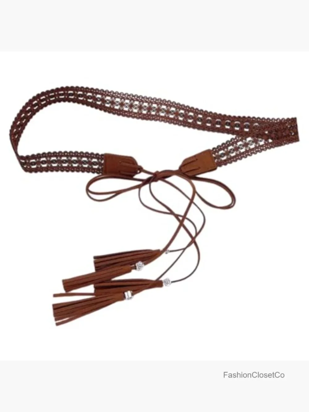 PU Leather Boho Braided Tassel Belt Vintage Hollow Knotted Waistband